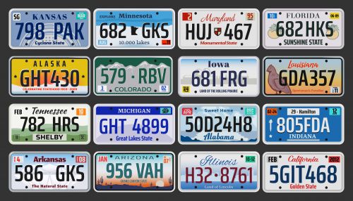 A wall of license plates from different states